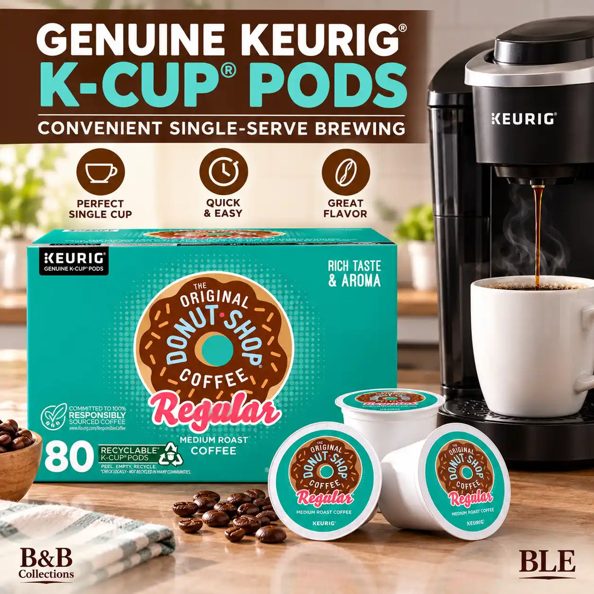 The Original Donut Shop Regular Medium Roast Coffee, Keurig Genuine K-Cup Pods, Rich Taste & Aroma, Recyclable Coffee Pods, 80 Count