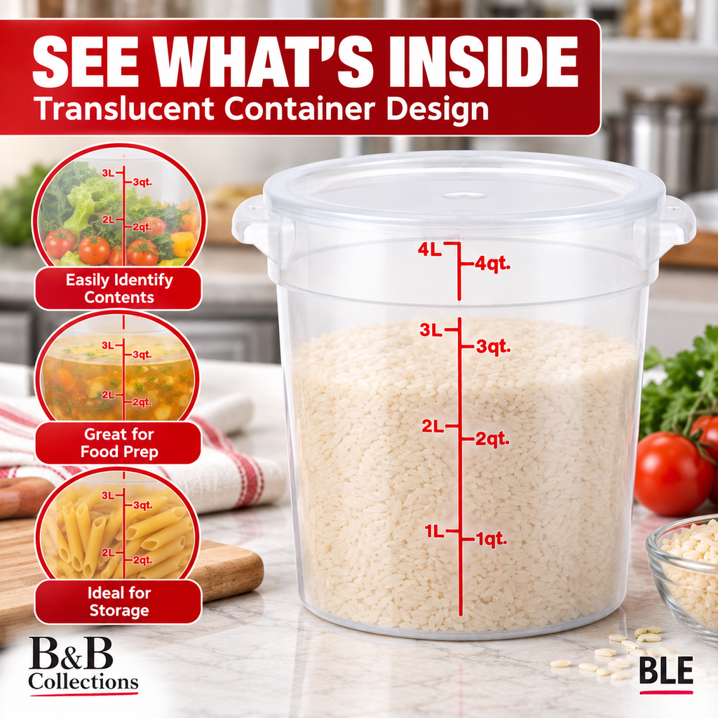 4 Qt Round Food Storage Container with Lid, Clear Graduated Container, Red Quart & Liter Measurement Markings, 3.8 L Capacity