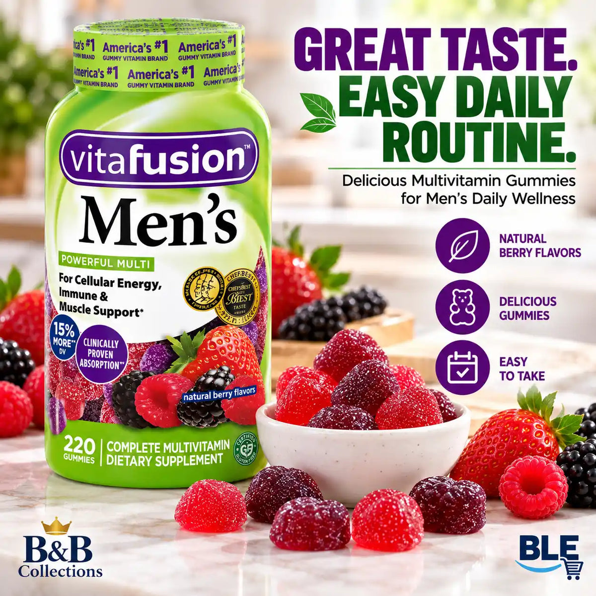 vitafusion Men's Complete Multivitamin Gummies, Natural Berry Flavors, Cellular Energy, Immune & Muscle Support, 220 Count