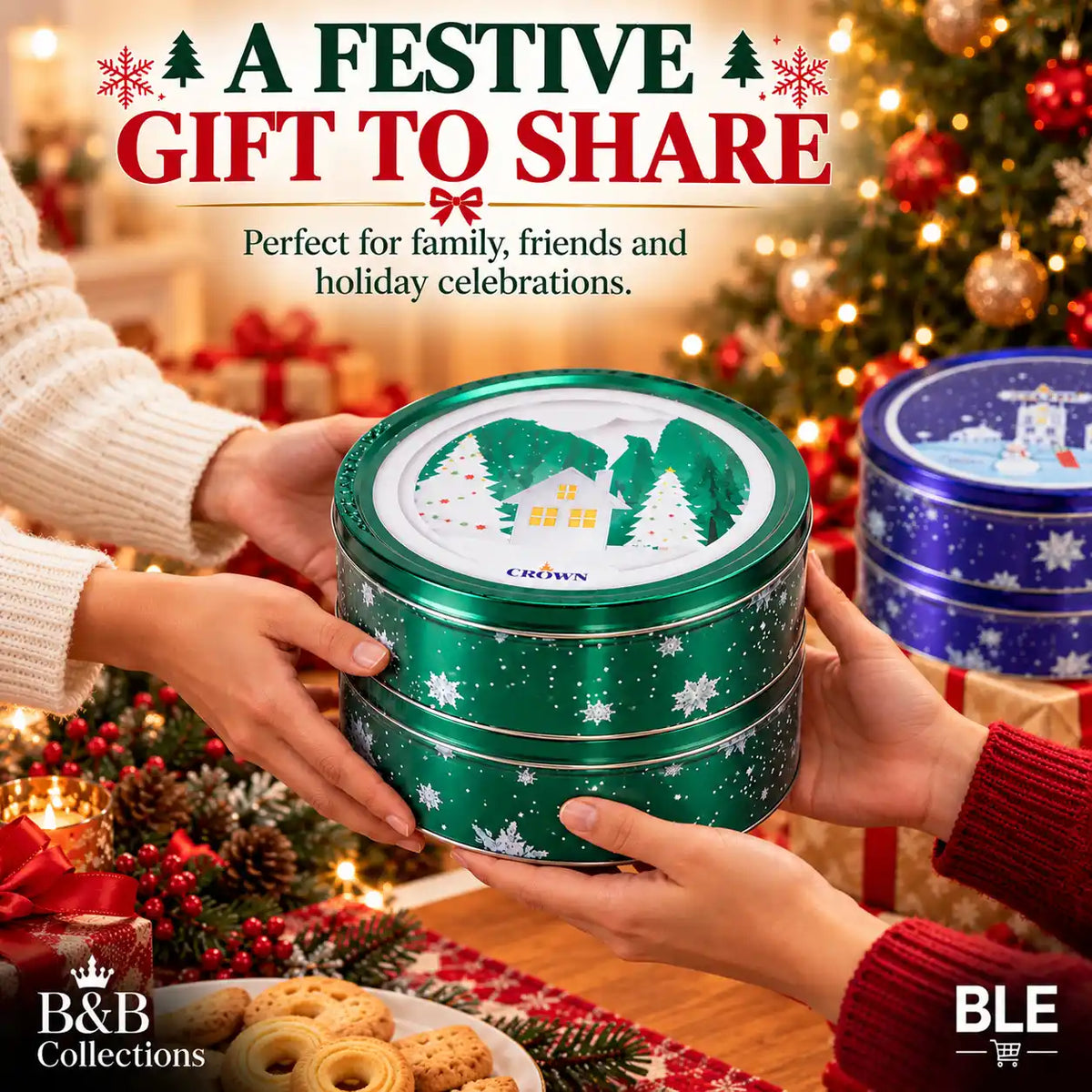 Holiday Winter Village Decorative Cookie Tins, Assorted Christmas Designs, Green & Purple Metal Tins, 4-Pack, 4 lb Total