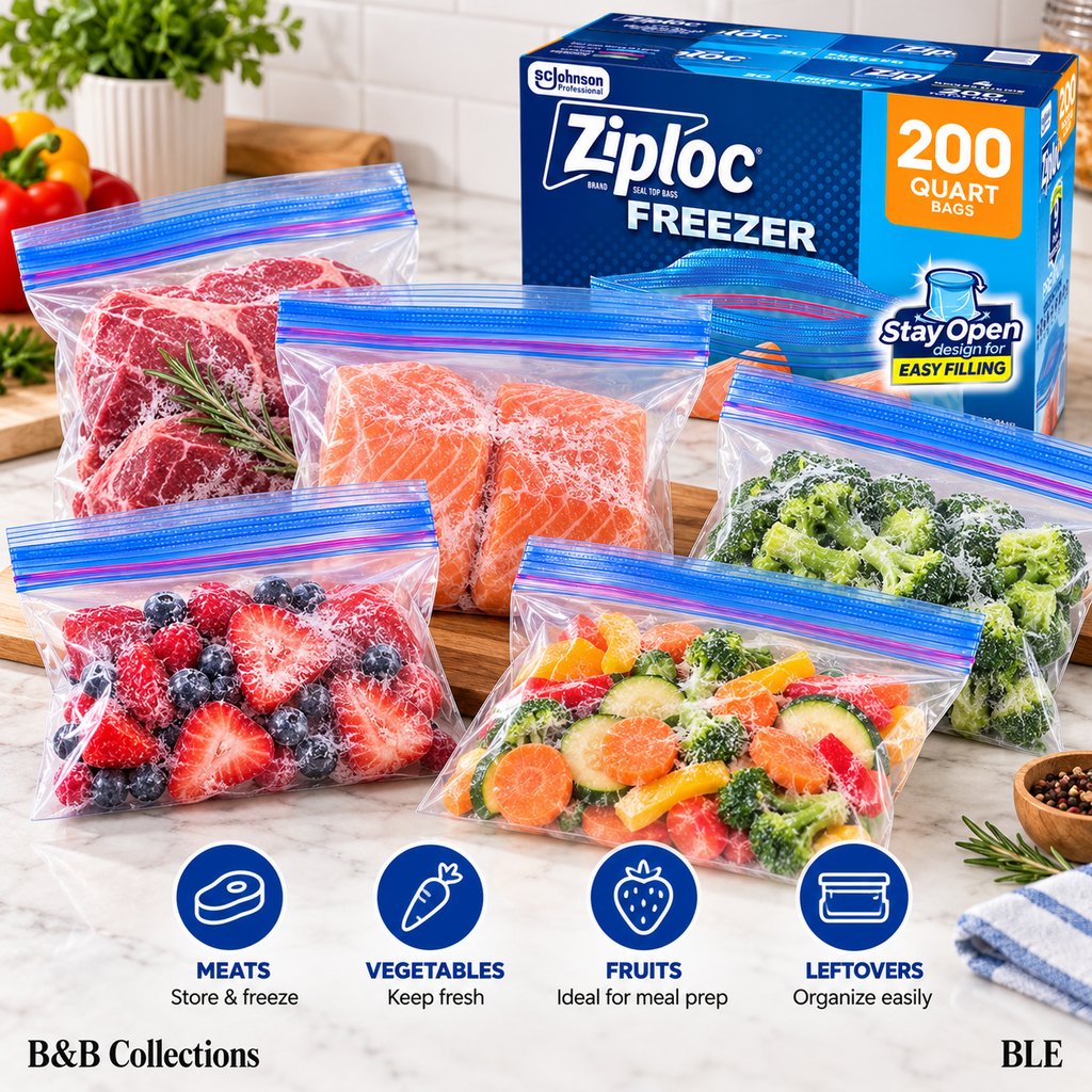 Ziploc Seal Top Quart Freezer Bags, 200 Count, Stay Open Design, Easy Filling, Food Storage & Freezer Protection