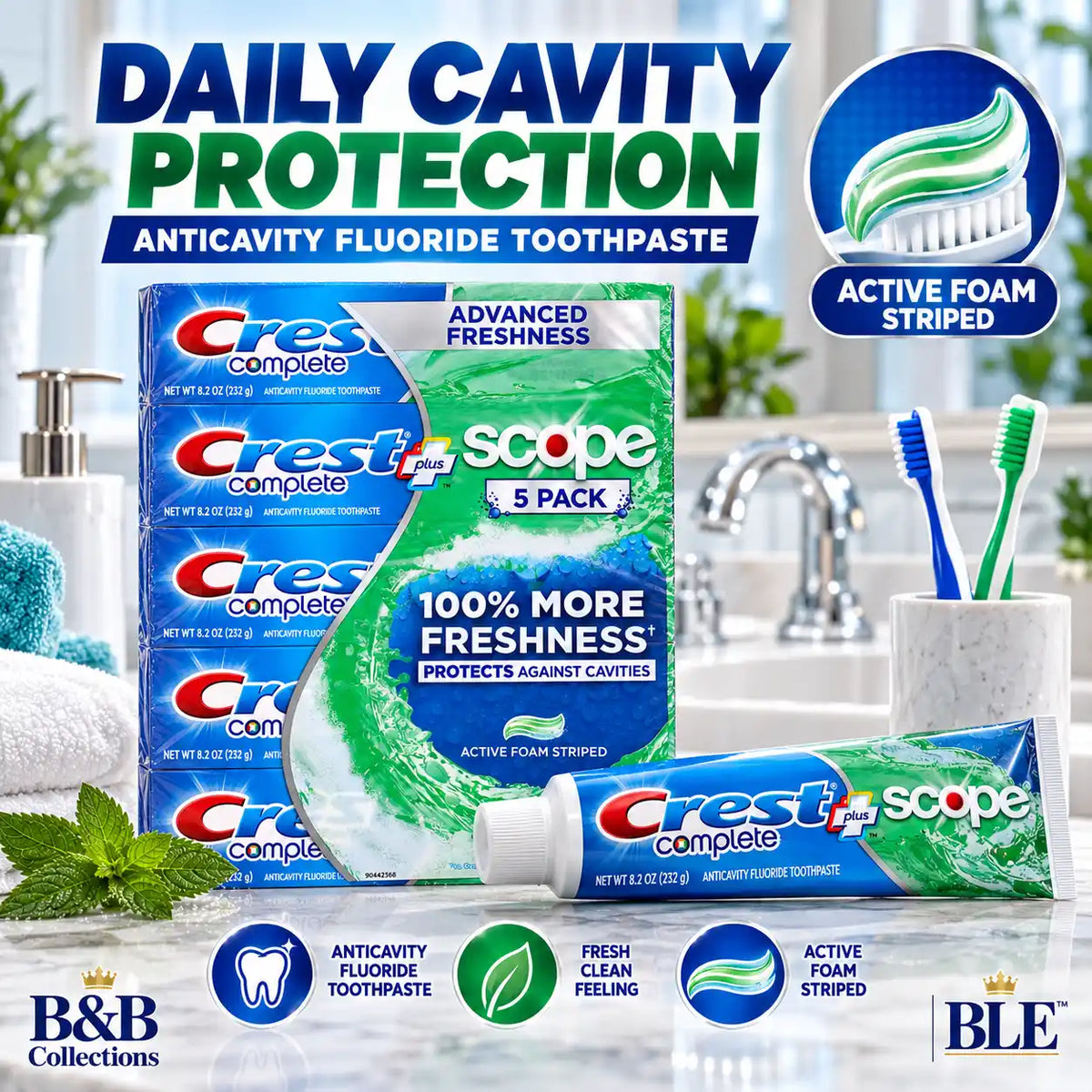Crest Complete Plus Scope Advanced Freshness Anticavity Fluoride Toothpaste, Active Foam Striped, 8.2 oz Each, 5 Pack, 41 oz Total