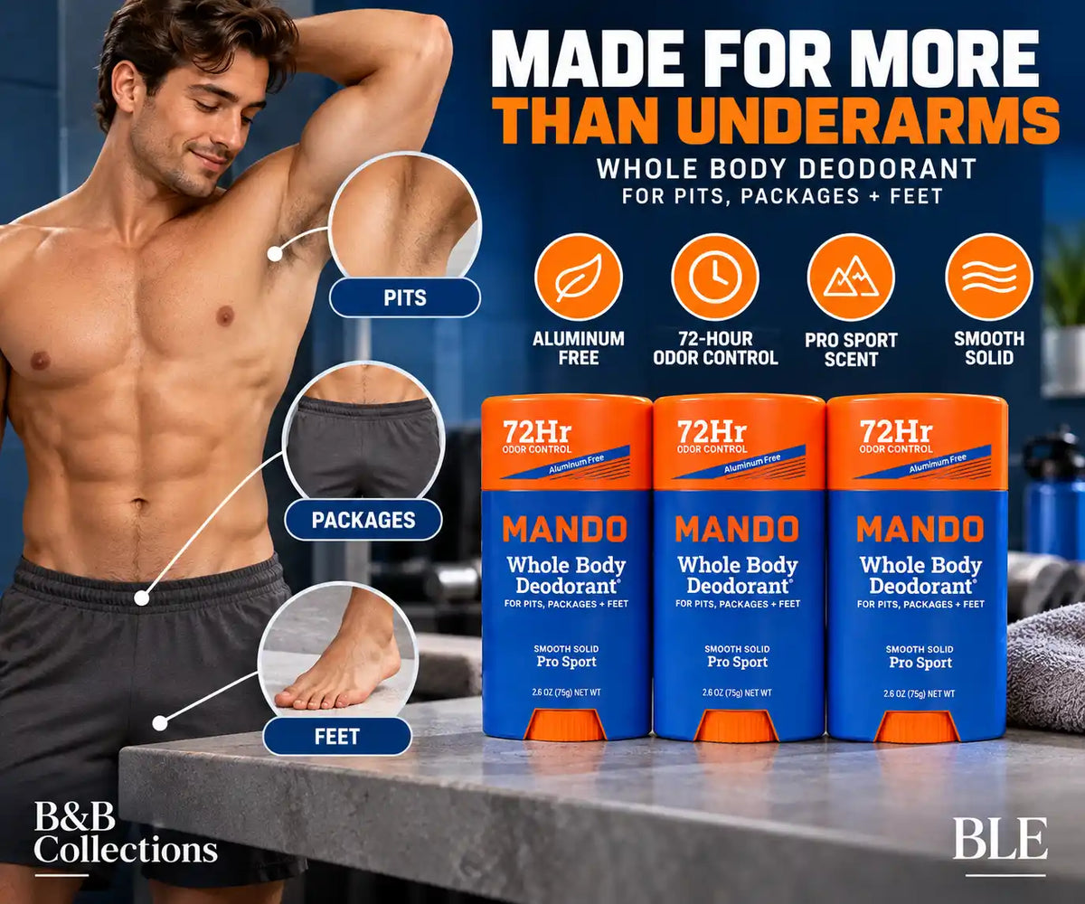 Mando Whole Body Deodorant for Men, Pro Sport Scent, 72-Hour Odor Control, Aluminum-Free Smooth Solid, 2.6 oz Each, 3 Pack, 7.8 oz Total
