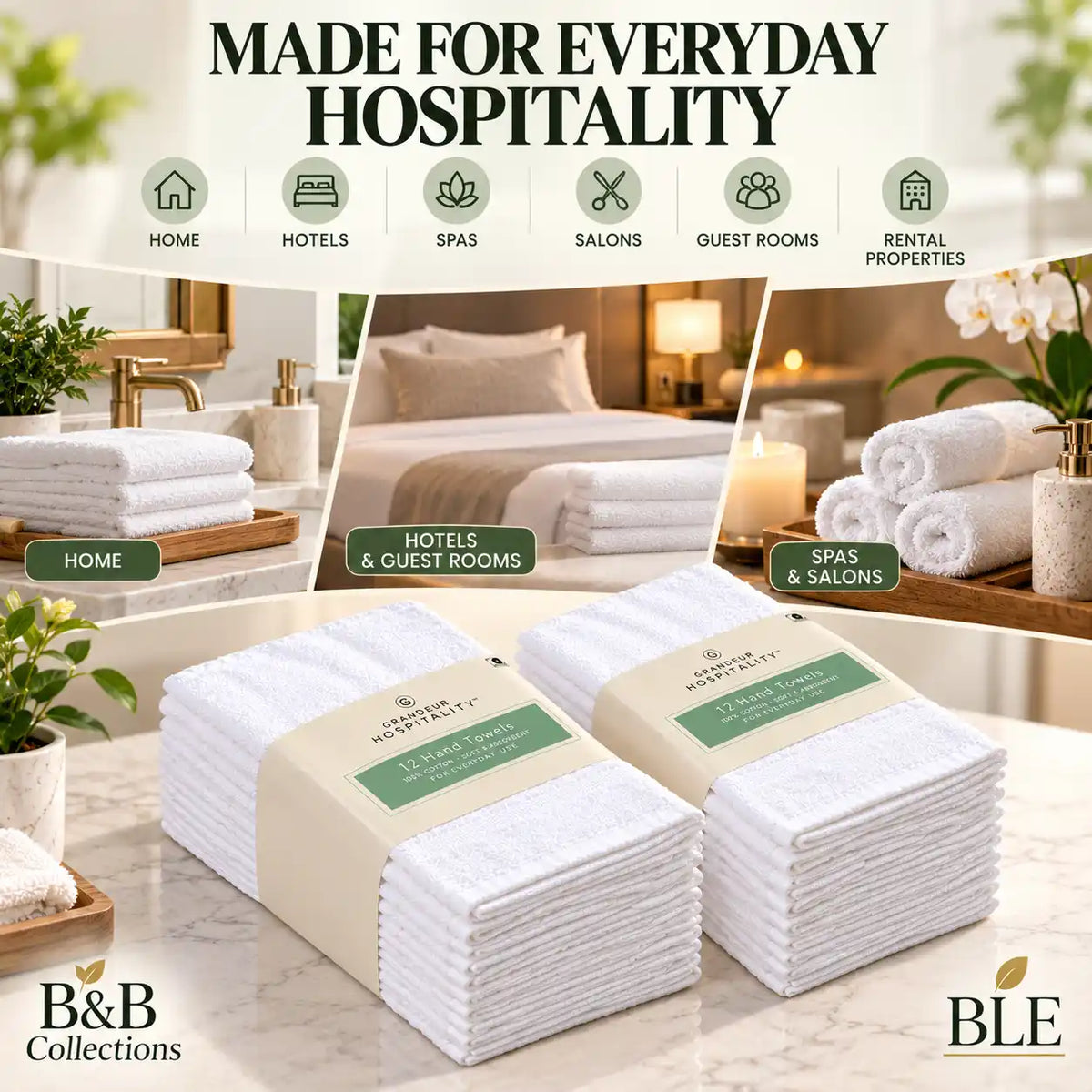 Grandeur Hospitality White Hand Towels, Soft & Absorbent Cotton Towels for Bathroom, Guest Room, Hotel & Spa, 12 Count per Bundle (2-Pack, 24 Towels Total)