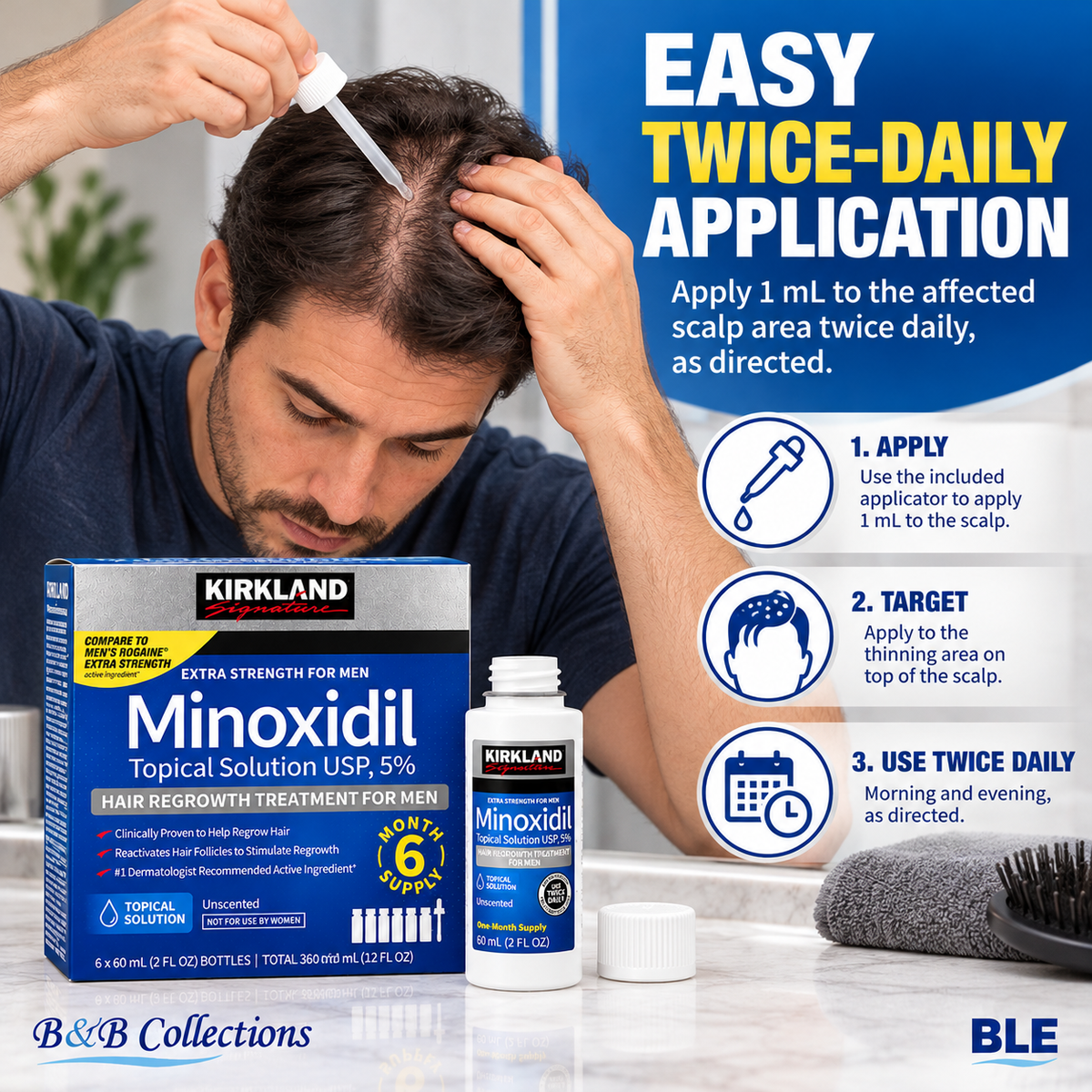 Kirkland Signature Minoxidil 5% Topical Solution for Men, Extra Strength Hair Regrowth Treatment, Unscented, 6-Month Supply, 6 x 60 mL