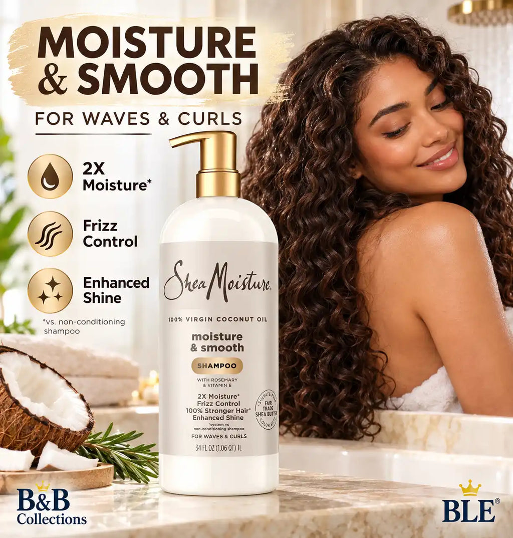SheaMoisture 100% Virgin Coconut Oil Moisture & Smooth Shampoo with Rosemary & Vitamin E, For Waves & Curls, 34 fl oz (1 L)