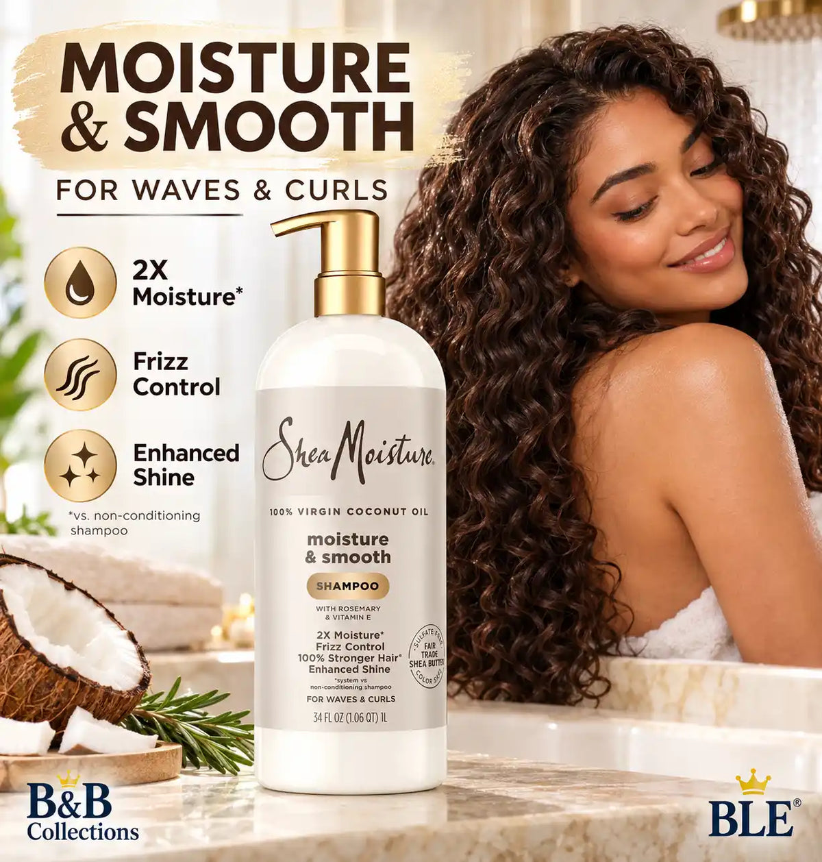 SheaMoisture 100% Virgin Coconut Oil Moisture & Smooth Shampoo with Rosemary & Vitamin E, For Waves & Curls, 34 fl oz (1 L)