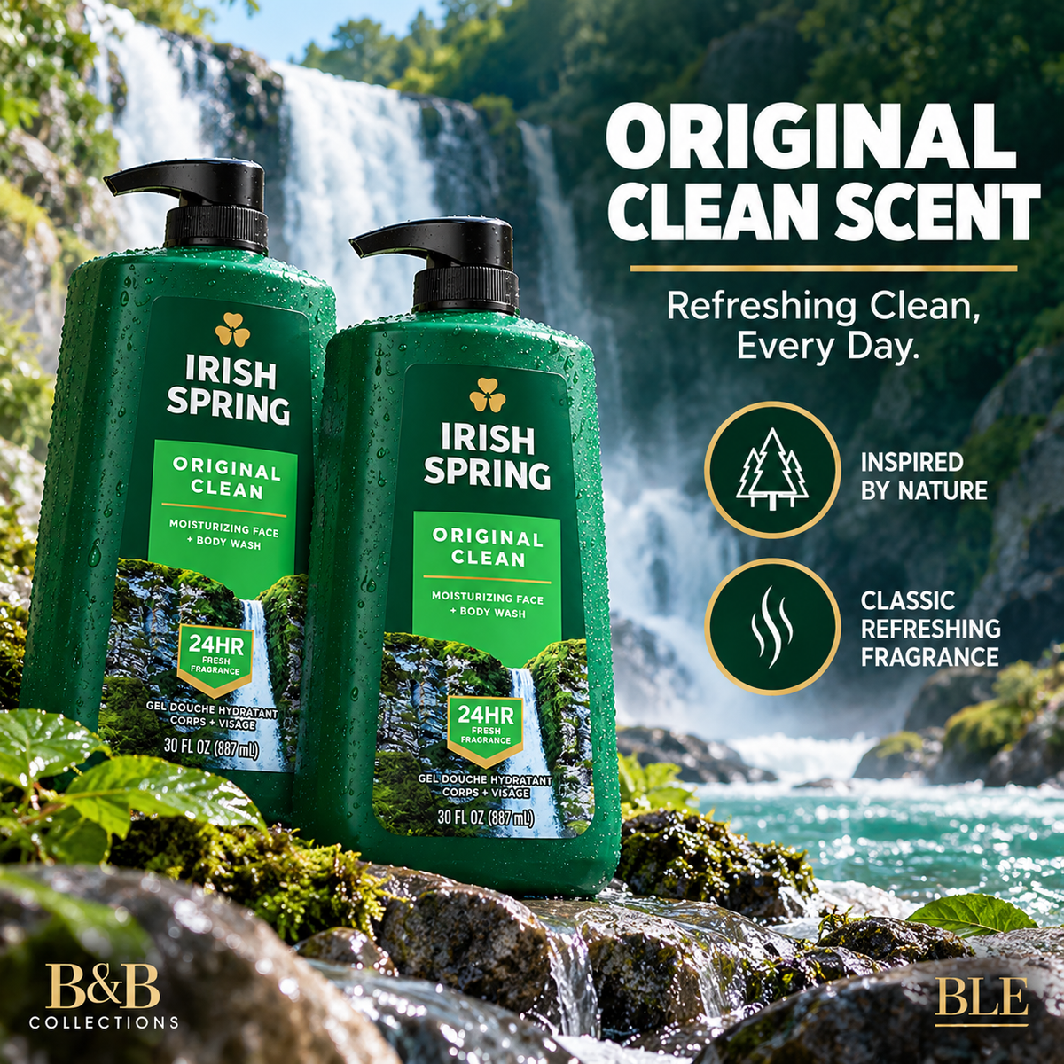 Irish Spring Original Clean Body Wash for Men, Moisturizing Face & Body Wash, 24-Hour Freshness, 30 fl oz Each (Pack of 2, 60 fl oz Total)