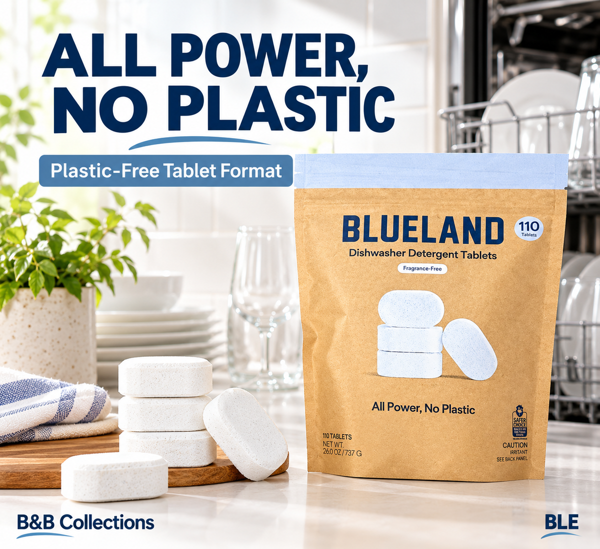 Blueland Dishwasher Detergent Tablets, Fragrance-Free, Plastic-Free, 110 Count, 26 oz