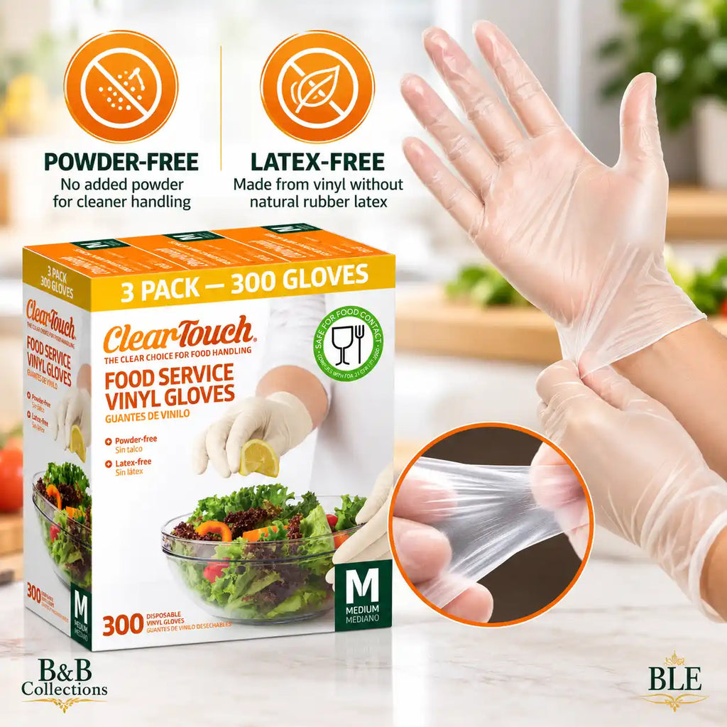 ClearTouch Food Service Vinyl Gloves, Medium Size, Powder-Free, Latex-Free, Disposable Gloves for Food Handling, Cooking, Cleaning & Everyday Use, 300 Count (3 Pack)
