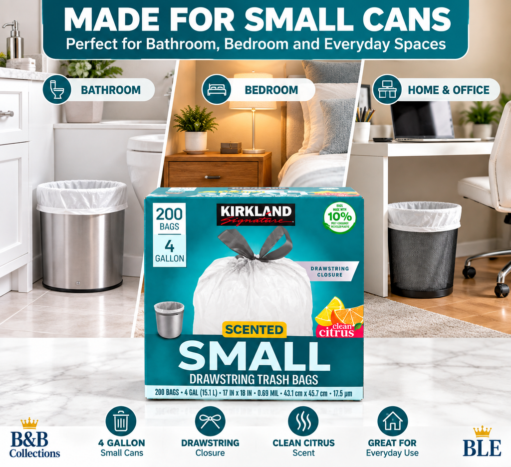 Kirkland Signature Scented Small Drawstring Trash Bags, 4 Gallon, Clean Citrus, 200 Count