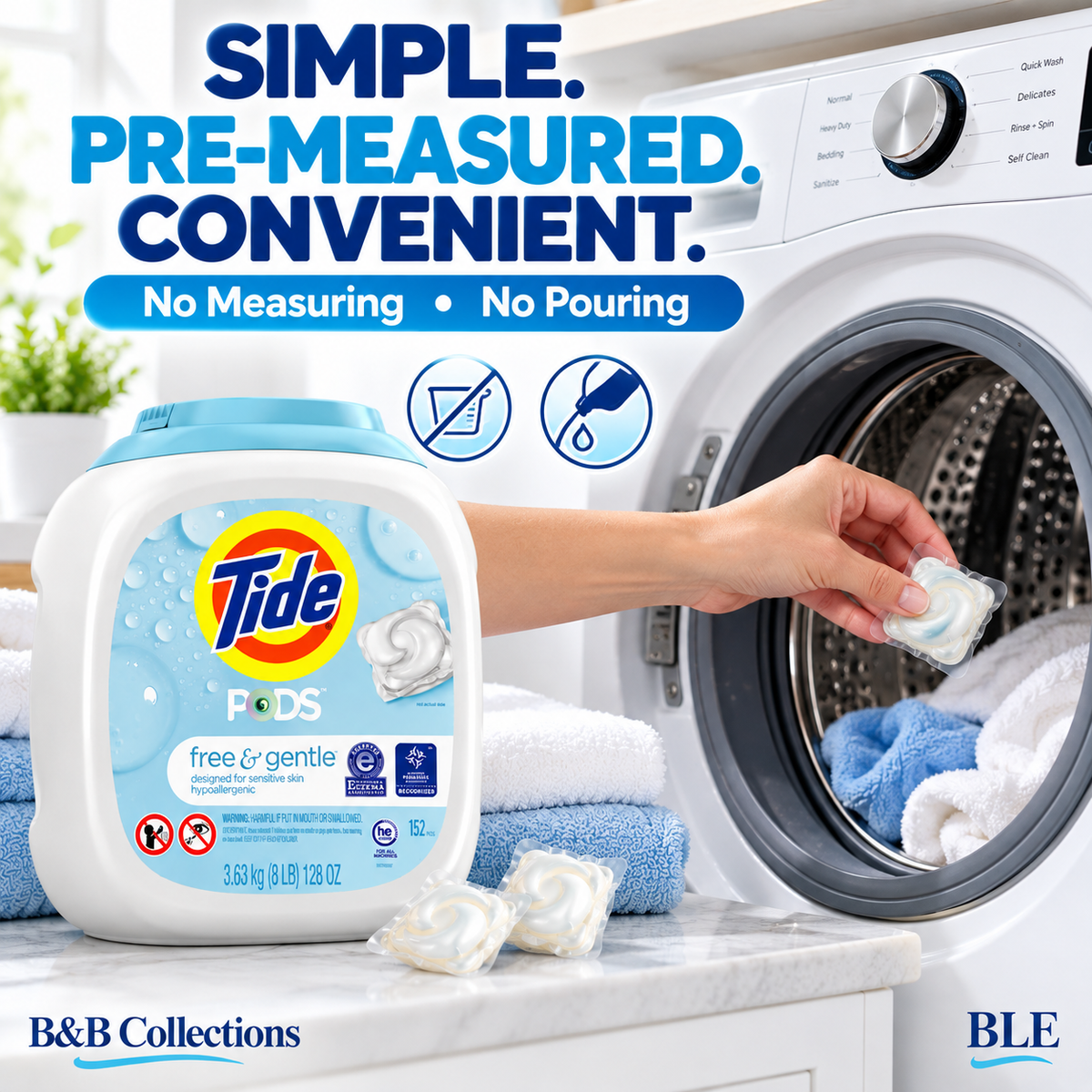 Tide PODS HE Laundry Detergent Pacs, Free & Gentle, Hypoallergenic, Sensitive Skin, 152 Count, 128 oz