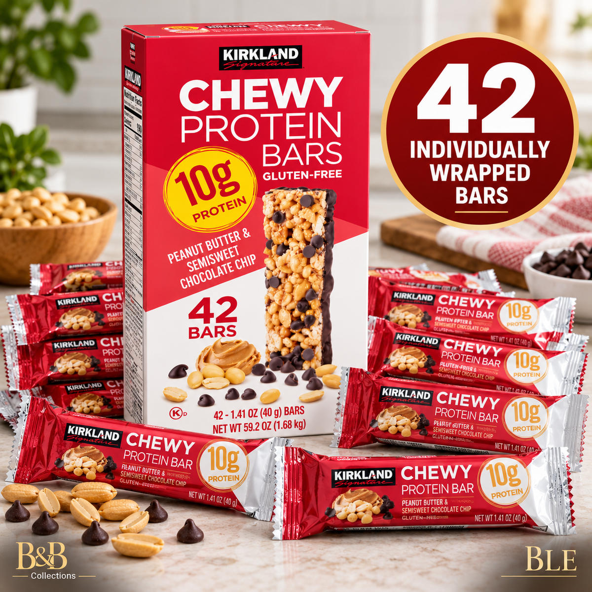 Kirkland Signature Chewy Protein Bars, Peanut Butter & Semisweet Chocolate Chip, 10g Protein, Gluten-Free, 1.41 oz Bars, 42 Count