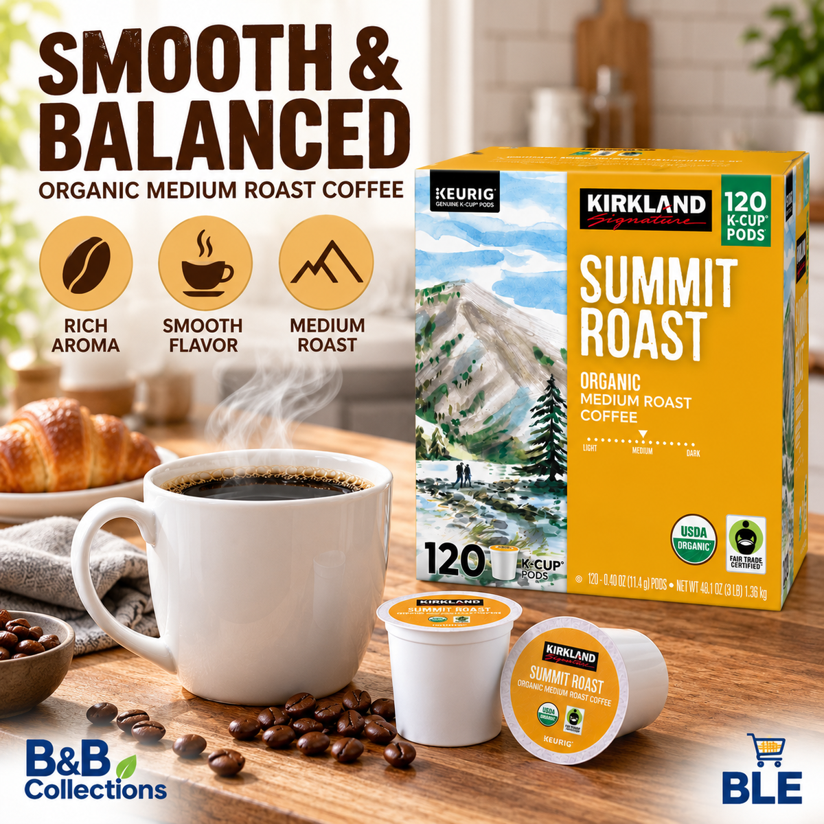 Kirkland Signature Summit Roast Organic Medium Roast Coffee, Keurig K-Cup Pods, USDA Organic, Fair Trade Certified, 120 Count