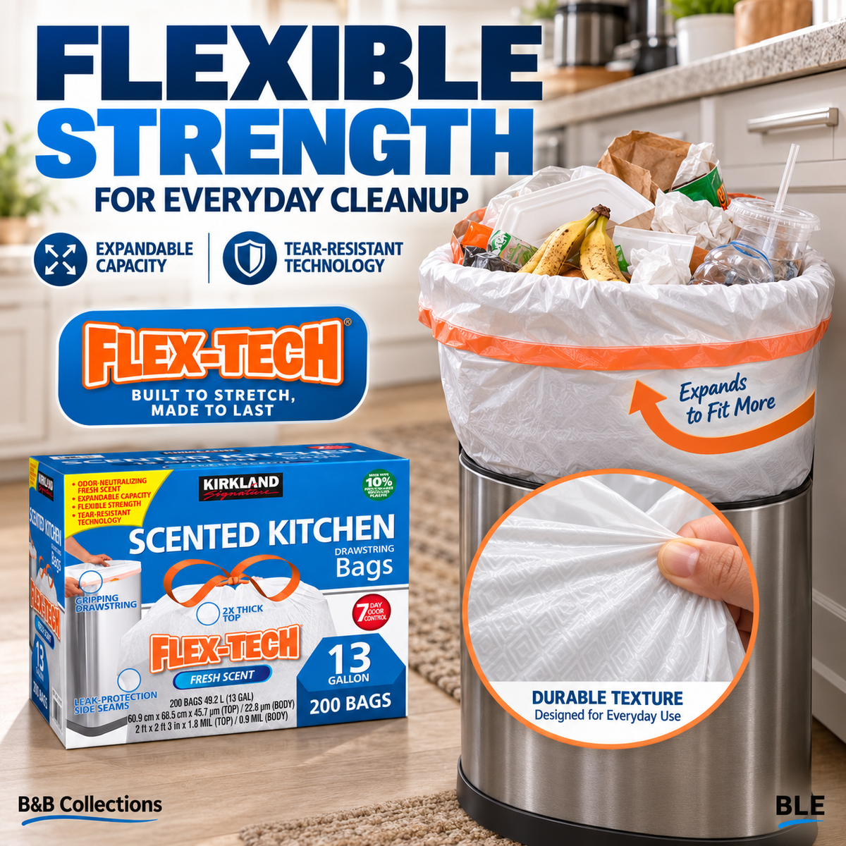Kirkland Signature Flex-Tech Scented Kitchen Trash Bags, 13 Gallon, Fresh Scent, Drawstring, 200 Count