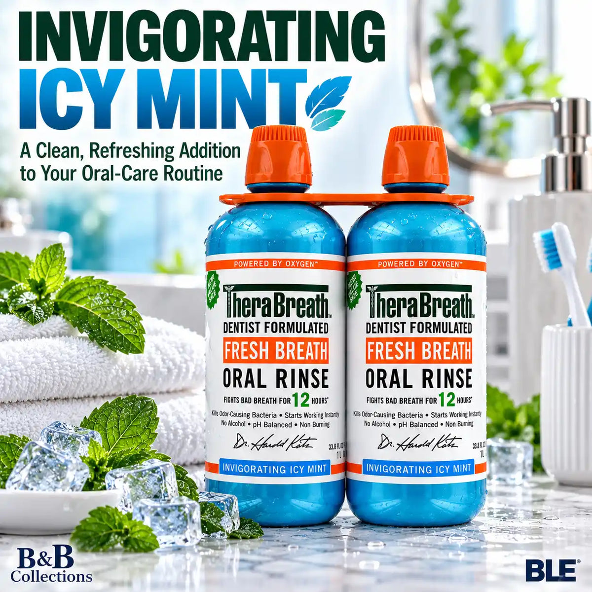 TheraBreath Fresh Breath Oral Rinse, Invigorating Icy Mint, Alcohol-Free Mouthwash, 1 L Bottles, 2 Pack