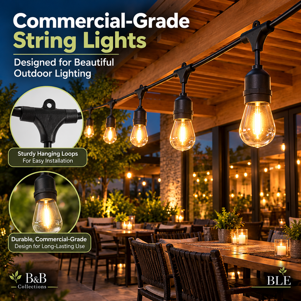 Feit Electric 48 ft LED String Lights – Commercial Grade Outdoor Patio Lights, Warm White Edison-Style Bulbs, 24W, Black Cord