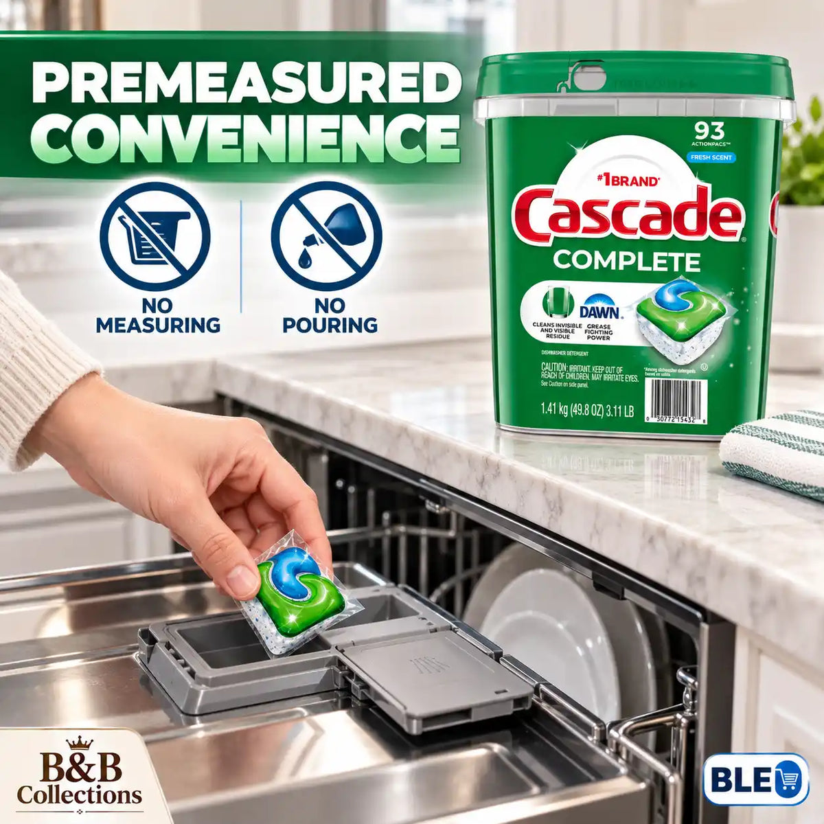 Cascade Complete ActionPacs Dishwasher Detergent with Dawn, Fresh Scent, 93 Count, 49.8 oz