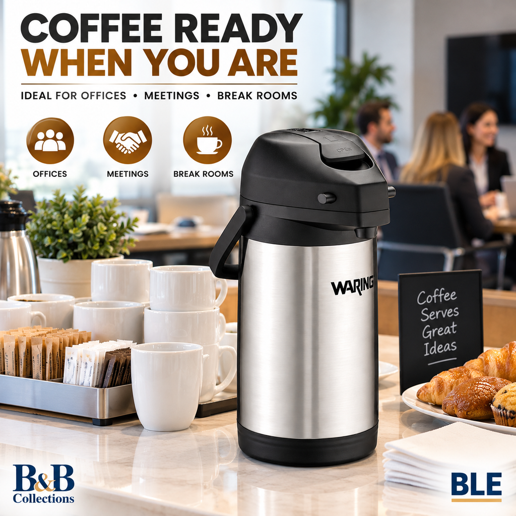 Waring Commercial WCA22 Stainless Steel Airpot, 2.2 Liter Insulated Beverage Dispenser with Pump Top, Silver & Black
