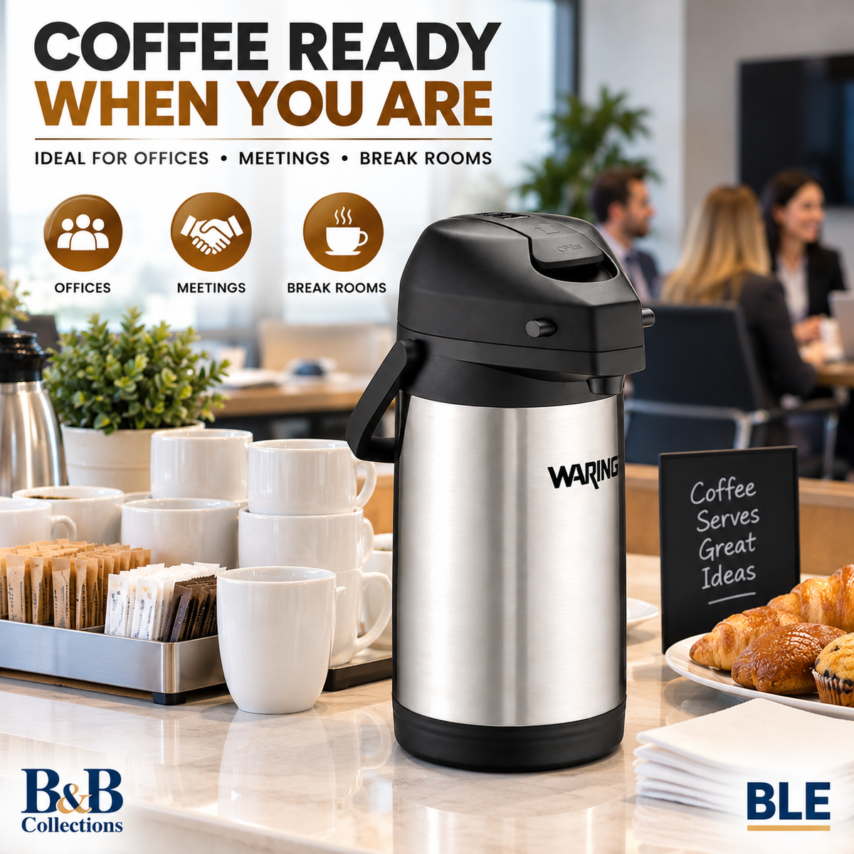 Waring Commercial WCA22 Stainless Steel Airpot, 2.2 Liter Insulated Beverage Dispenser with Pump Top, Silver & Black