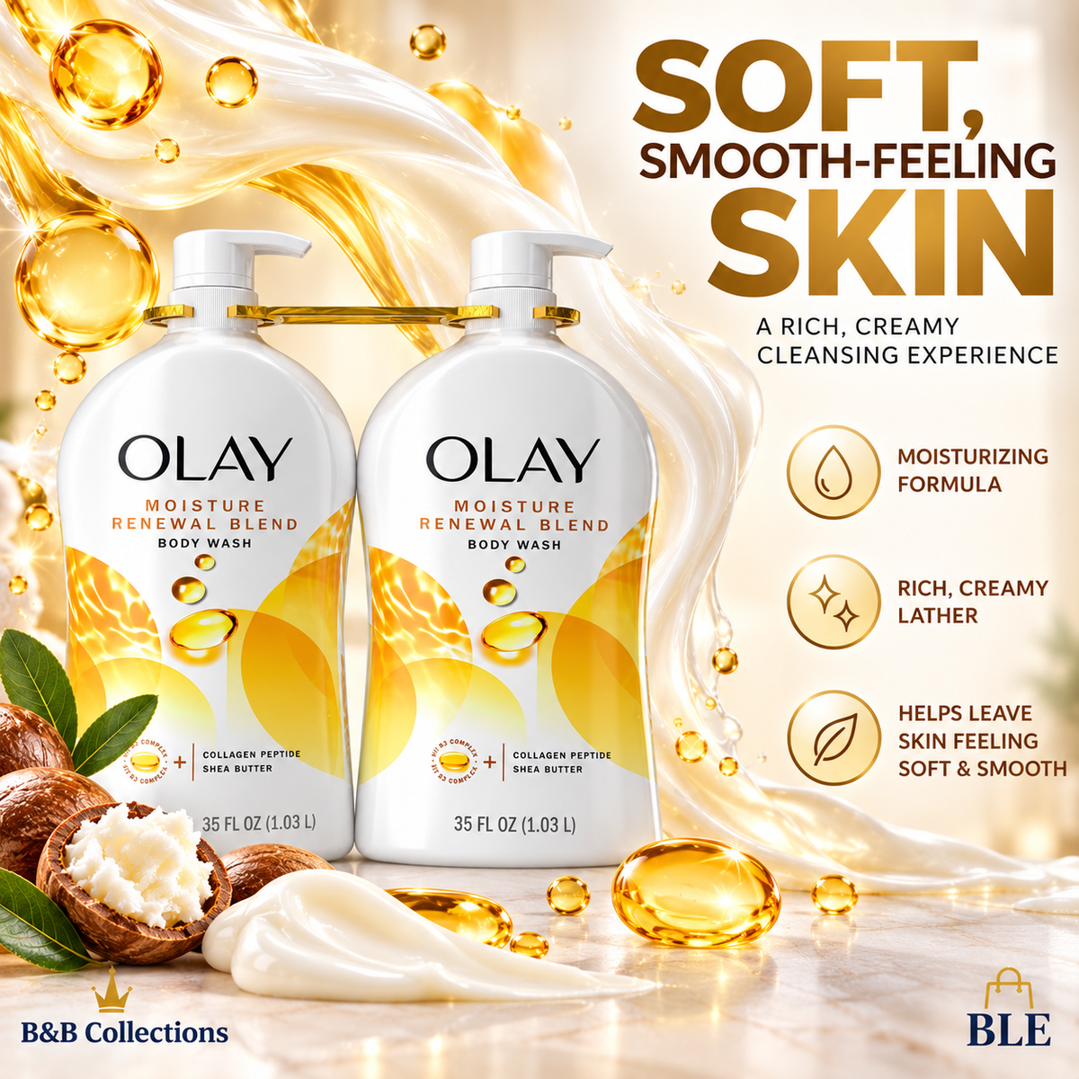 Olay Ultra Moisture Renewal Blend Body Wash with Collagen Peptide & Shea Butter, Moisturizing Body Cleanser, 35 fl oz Each, 2-Pack (70 fl oz Total)