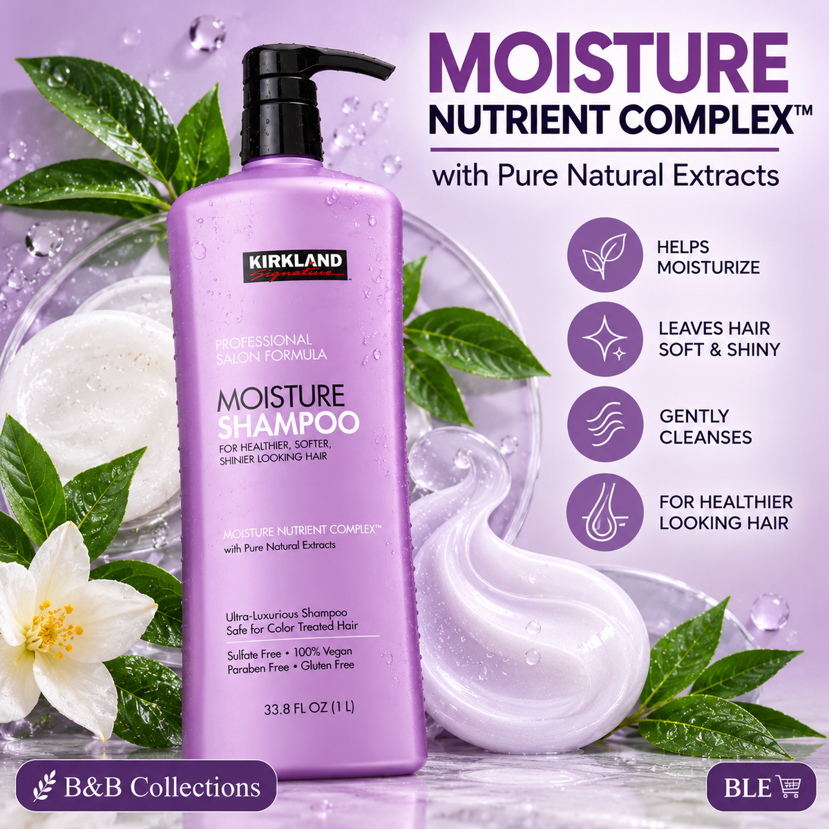 Kirkland Signature Moisture Shampoo, Professional Salon Formula, Sulfate-Free, Vegan, Paraben-Free, for Healthier, Softer, Shinier Hair, 33.8 fl oz (1 L)