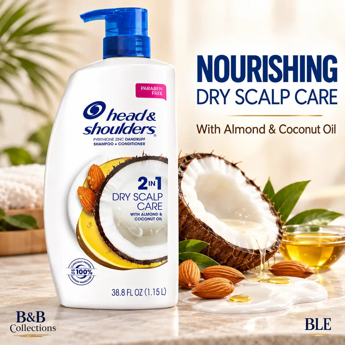 Head & Shoulders 2-in-1 Dry Scalp Care Anti-Dandruff Shampoo & Conditioner with Almond & Coconut Oil, Paraben Free, 38.8 fl oz (1.15 L), Pump Bottle
