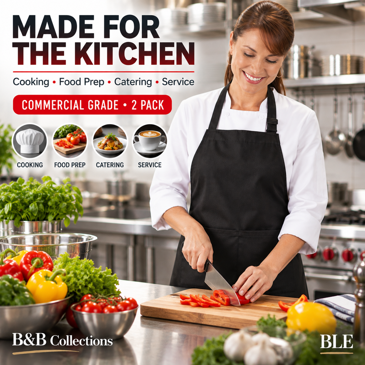 Nouvelle Legende Commercial Grade Kitchen Bib Aprons, Black, One Size, 2 Pack