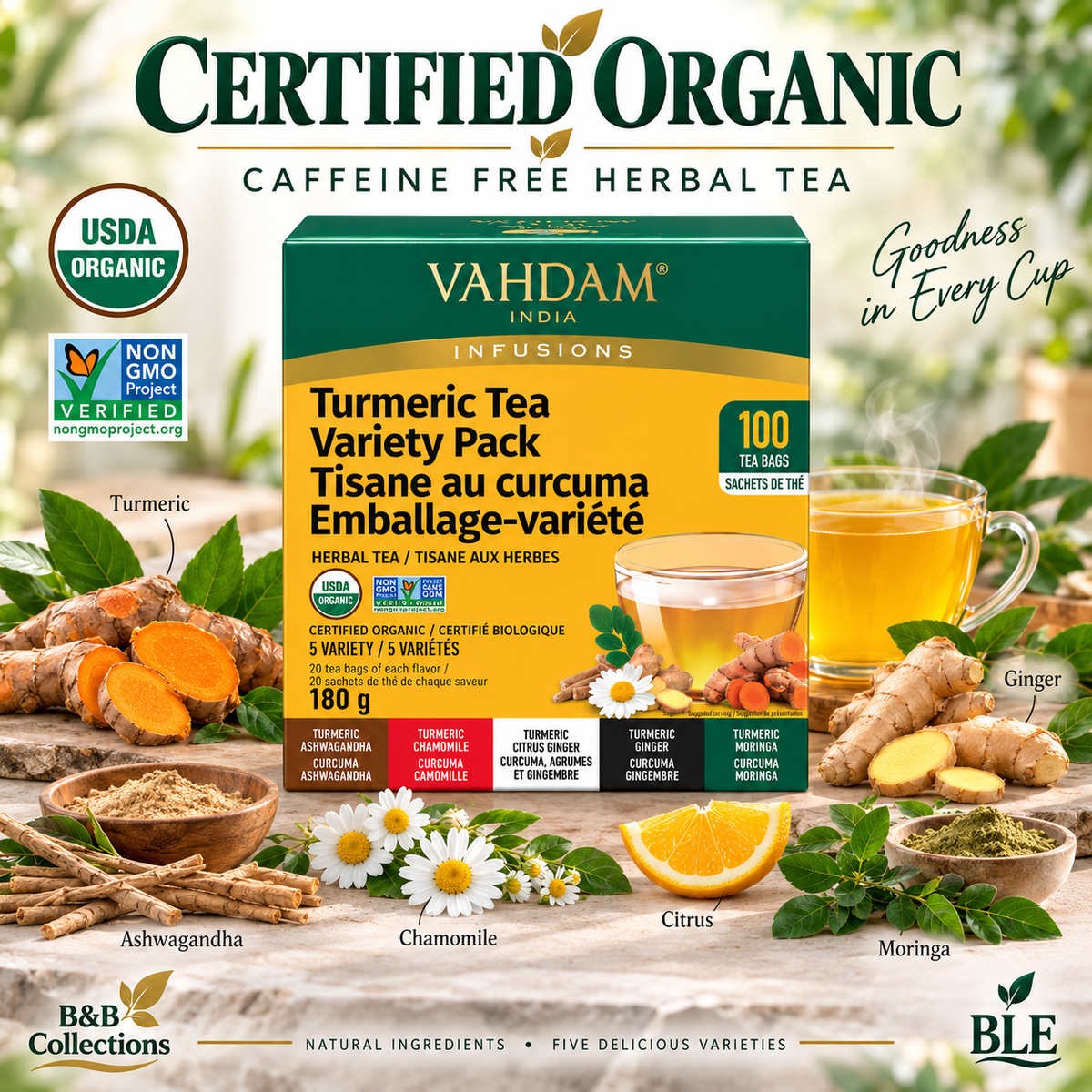 VAHDAM India Infusions Organic Turmeric Herbal Tea Variety Pack, Caffeine Free, 100 Tea Bags, 5 Varieties, 6.35 oz