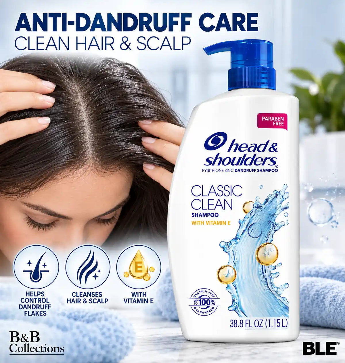 Head & Shoulders Classic Clean Anti-Dandruff Shampoo with Vitamin E, Paraben-Free, Daily Scalp Care, 38.8 fl oz (1.15 L)