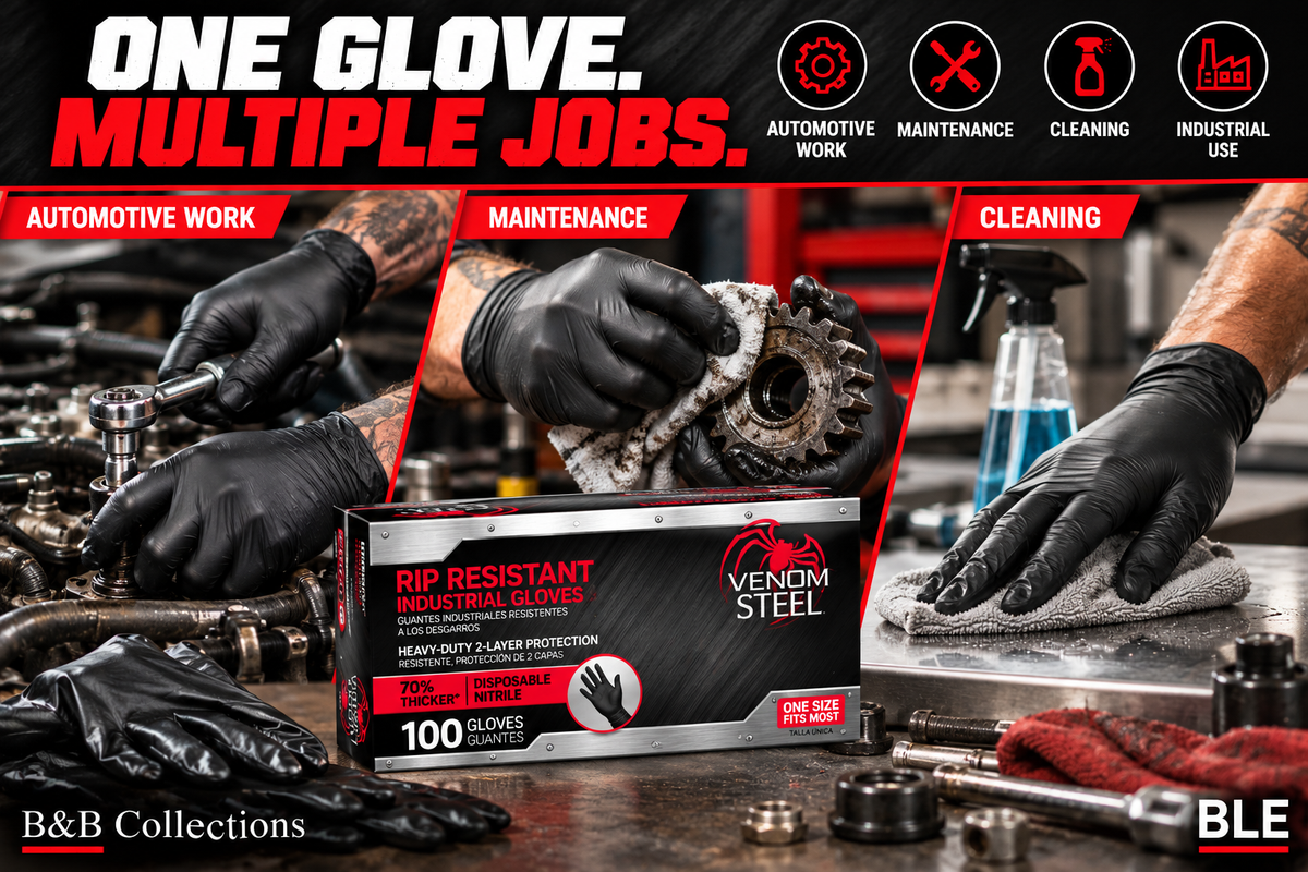 Venom Steel Premium Industrial Black Nitrile Gloves, Rip Resistant, Heavy-Duty Disposable Gloves, One Size Fits Most, 100 Count
