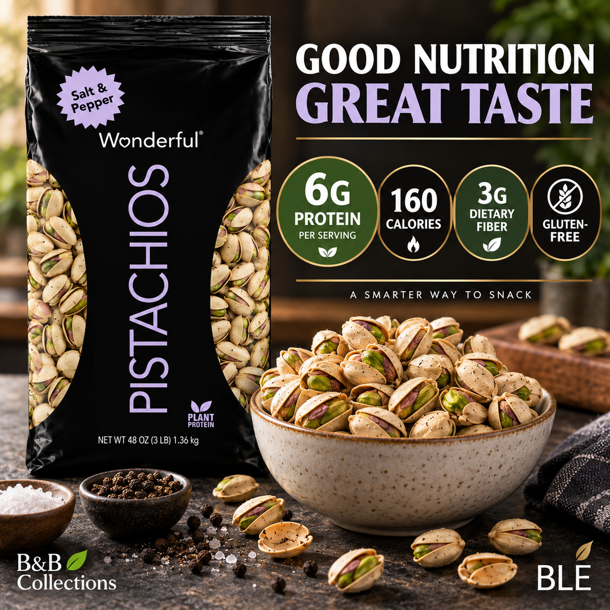 Wonderful Pistachios Salt & Pepper, In-Shell Roasted Pistachios, 48 oz (3 lb) Bag
