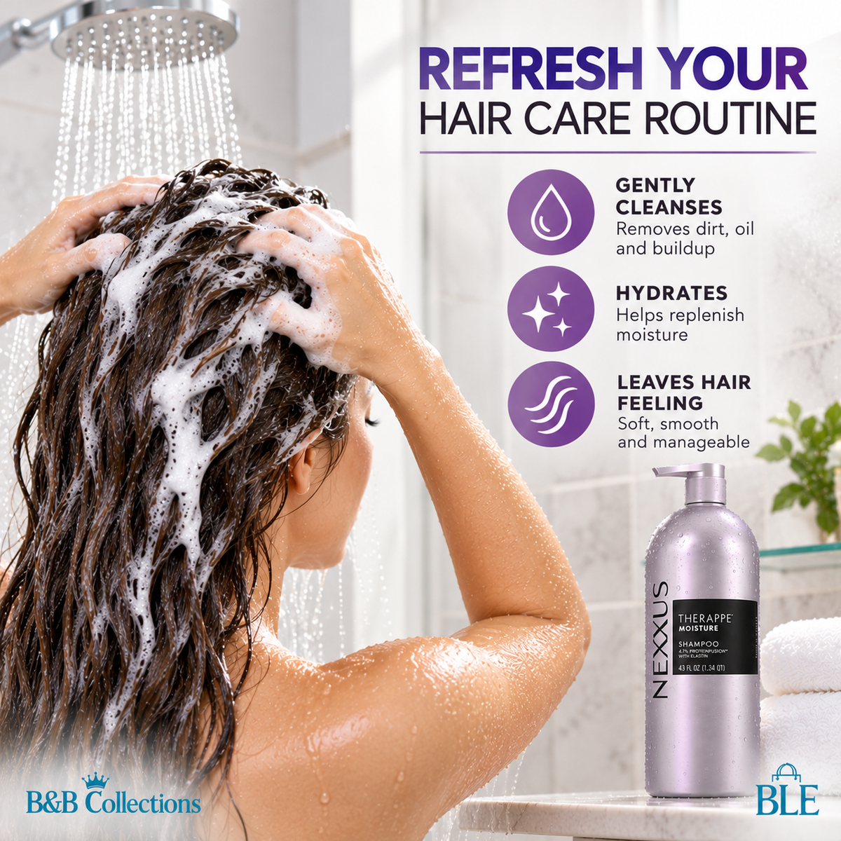 Nexxus Therappe Moisture Shampoo, 43 fl oz, Hydrating Shampoo for Dry Hair, Salon-Quality Hair Care, Pump Bottle