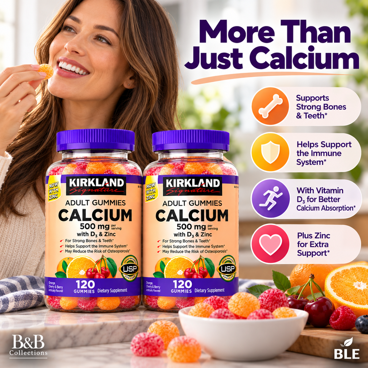 Kirkland Signature Calcium 500 mg with Vitamin D3 & Zinc, Adult Gummies, Bone & Teeth Support, 120 Gummies per Bottle, 2-Pack (240 Count)