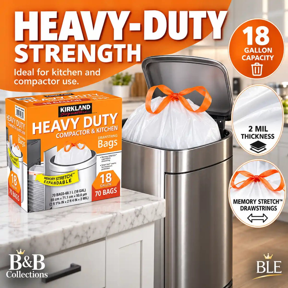 Kirkland Signature Heavy Duty Compactor & Kitchen Trash Bags, 18 Gallon, 70 Count, Drawstring, Memory Stretch Expandable, White