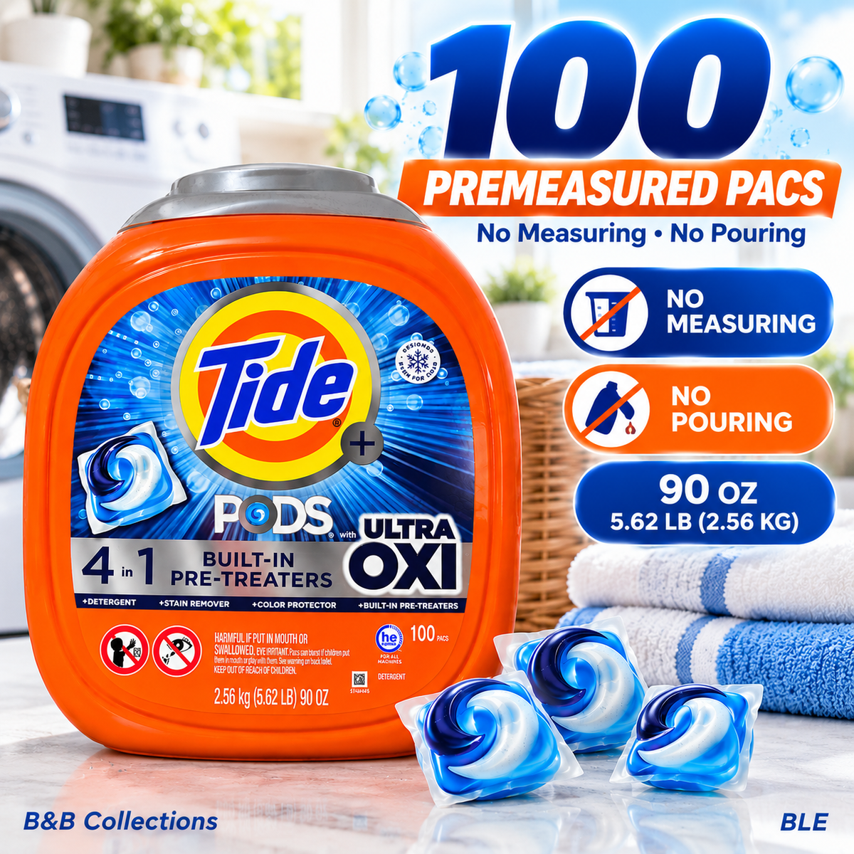 Tide PODS + Ultra OXI Laundry Detergent Pacs, 4-in-1 with Built-In Pre-Treaters, HE Compatible, 100 Count, 90 oz