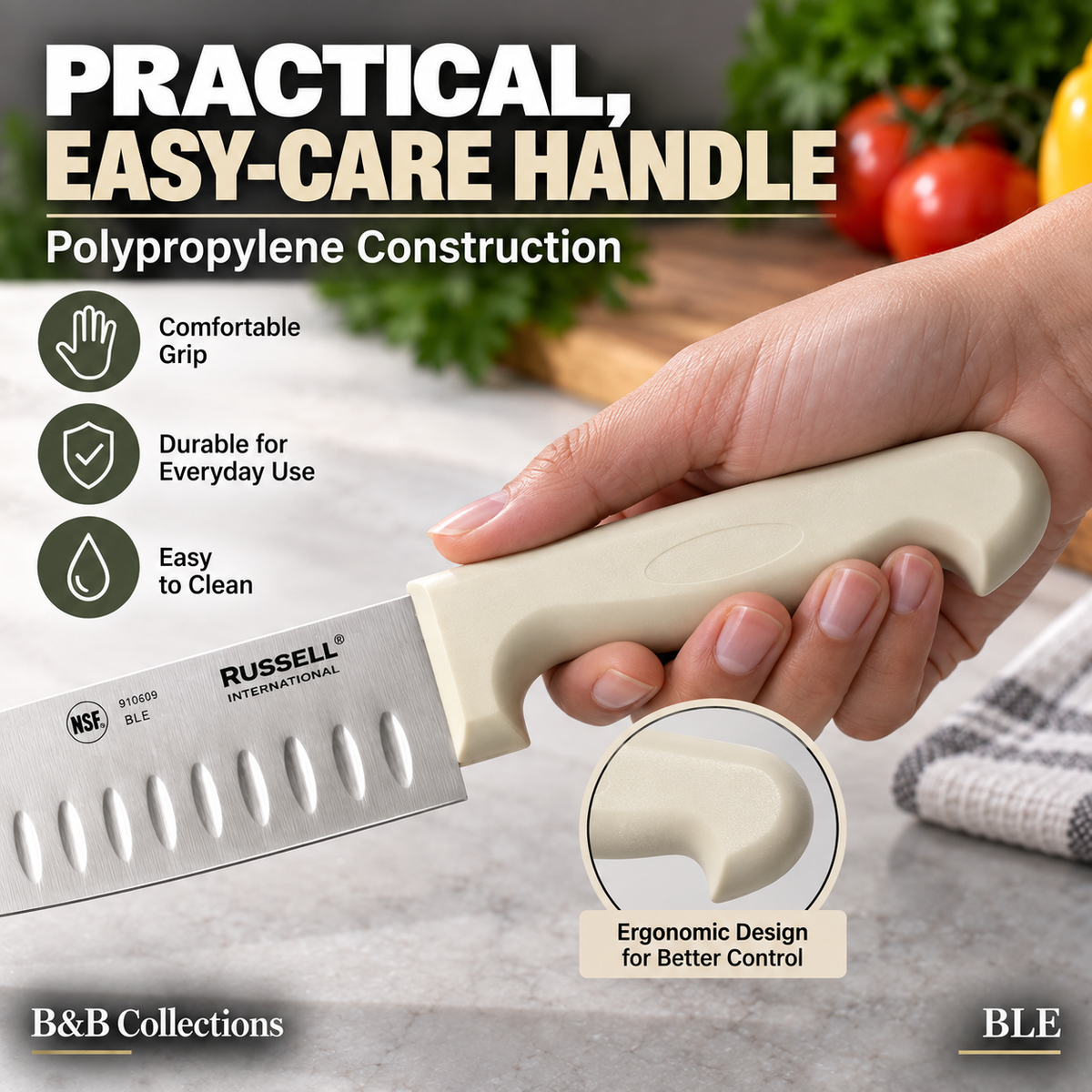 Russell International Santoku Kitchen Knives, 7 in Stainless Steel Blades, White Polypropylene Handles, 2-Pack