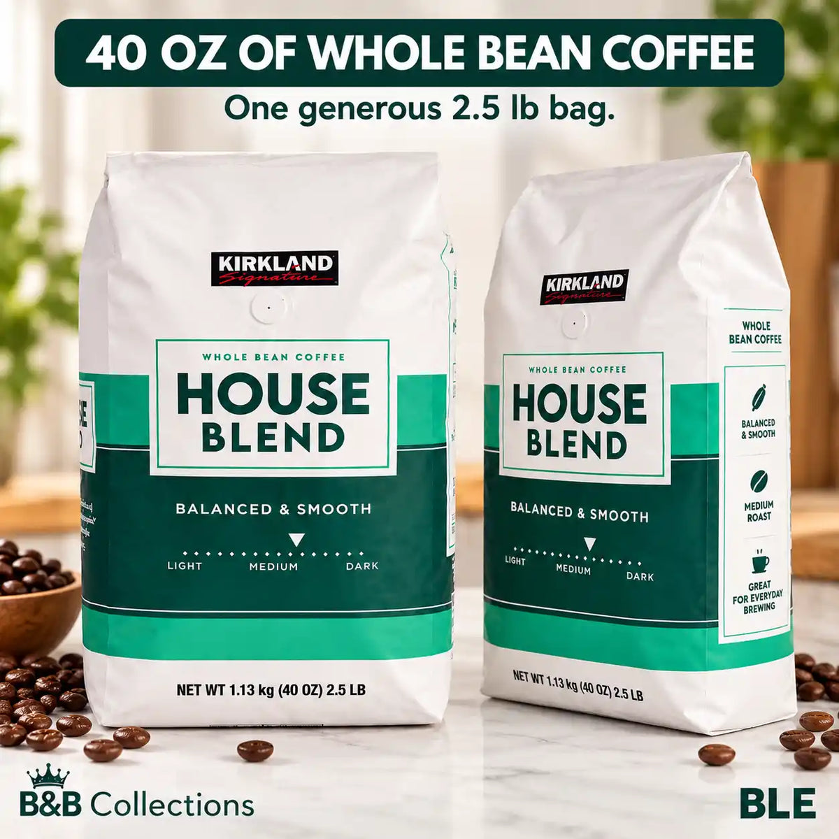 Kirkland Signature House Blend Whole Bean Coffee, Medium Roast, Balanced & Smooth, 40 oz (2.5 lb / 1.13 kg)