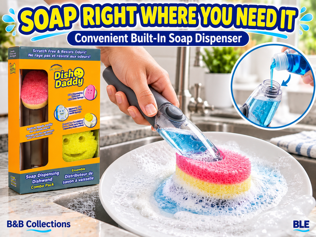 Dish Daddy Soap Dispensing Dishwand Combo Pack, Scratch-Free Scrubbing, Built-In Soap Dispenser, Reusable Dish Cleaning Brush & Scrubber Set