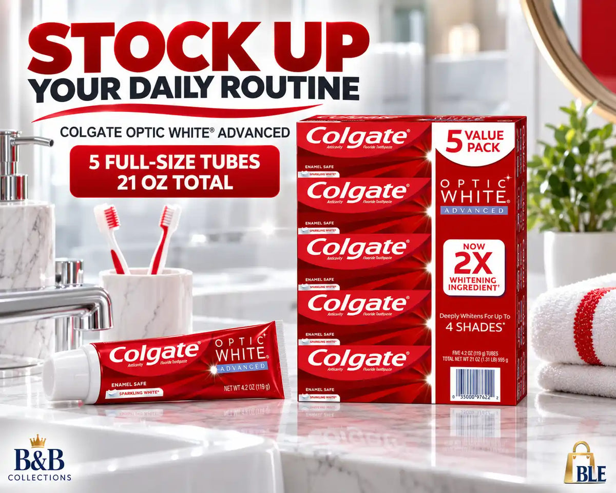 Colgate Optic White Advanced Whitening Fluoride Toothpaste, Sparkling White, 4.2 oz Tubes, 5 Pack, 21 oz Total