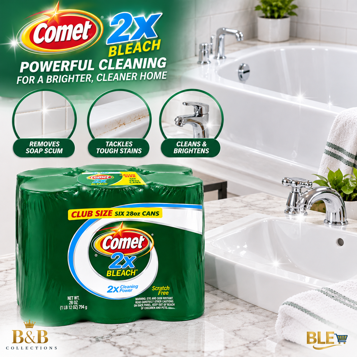 Comet 2X Bleach Powder Cleanser, 28 oz Cans, 6-Pack – Multi-Surface Cleaning Powder for Kitchen & Bathroom, Tough Stain & Grease Removal