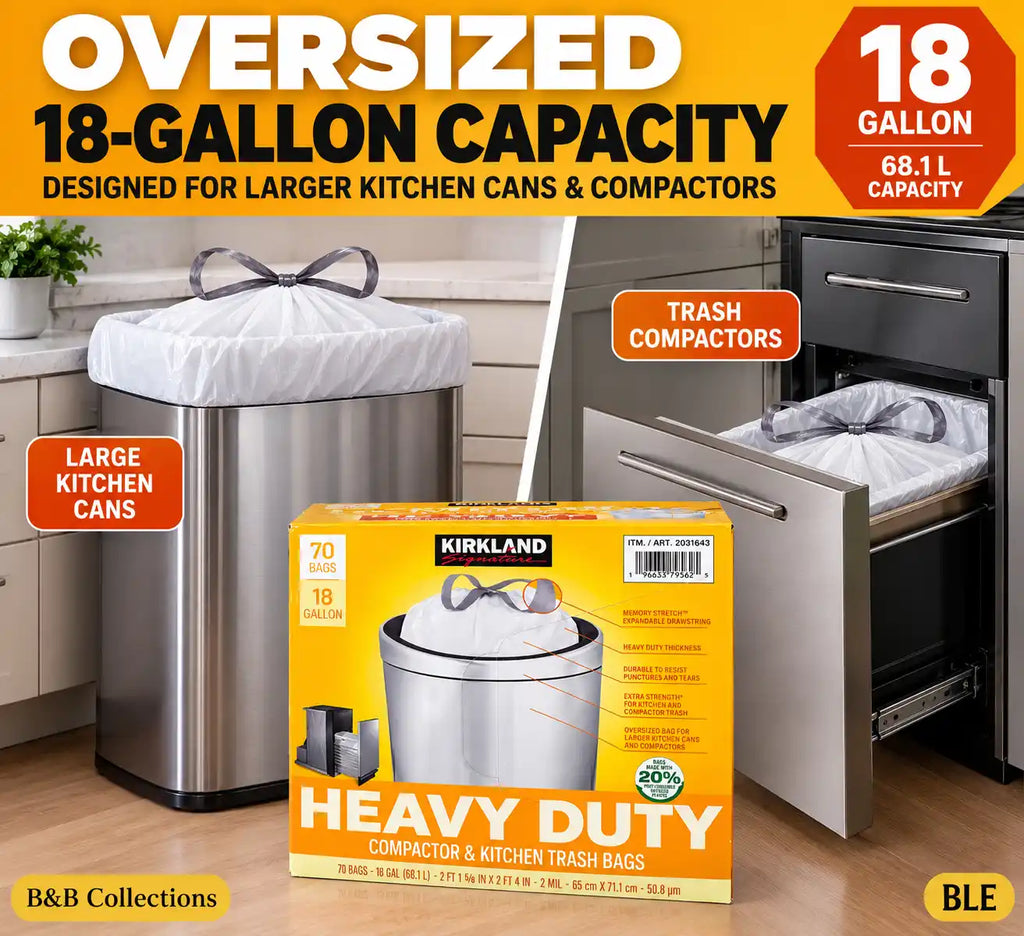 Kirkland Signature 18 Gallon Trash Bags – Heavy Duty Compactor & Kitchen Garbage Bags, 2 Mil Thick, Expandable Drawstring (70 Count)