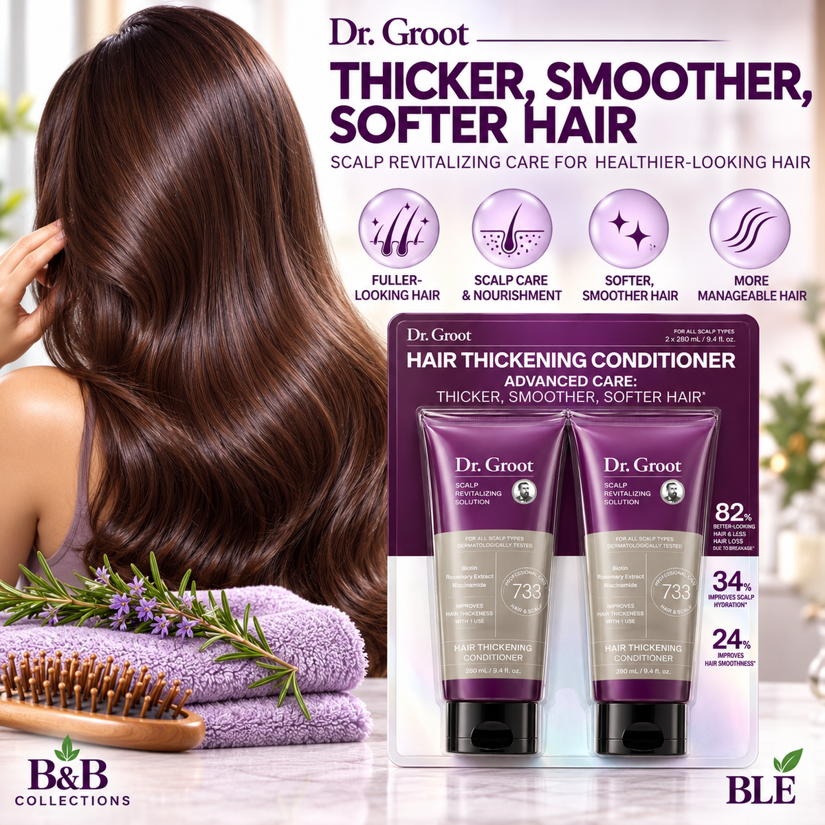 Dr. Groot Hair Thickening Conditioner, Scalp Revitalizing Formula with Biotin, Niacinamide & Rosemary Extract, for Thicker, Smoother, Softer Hair, 9.4 fl oz Each, 2-Pack