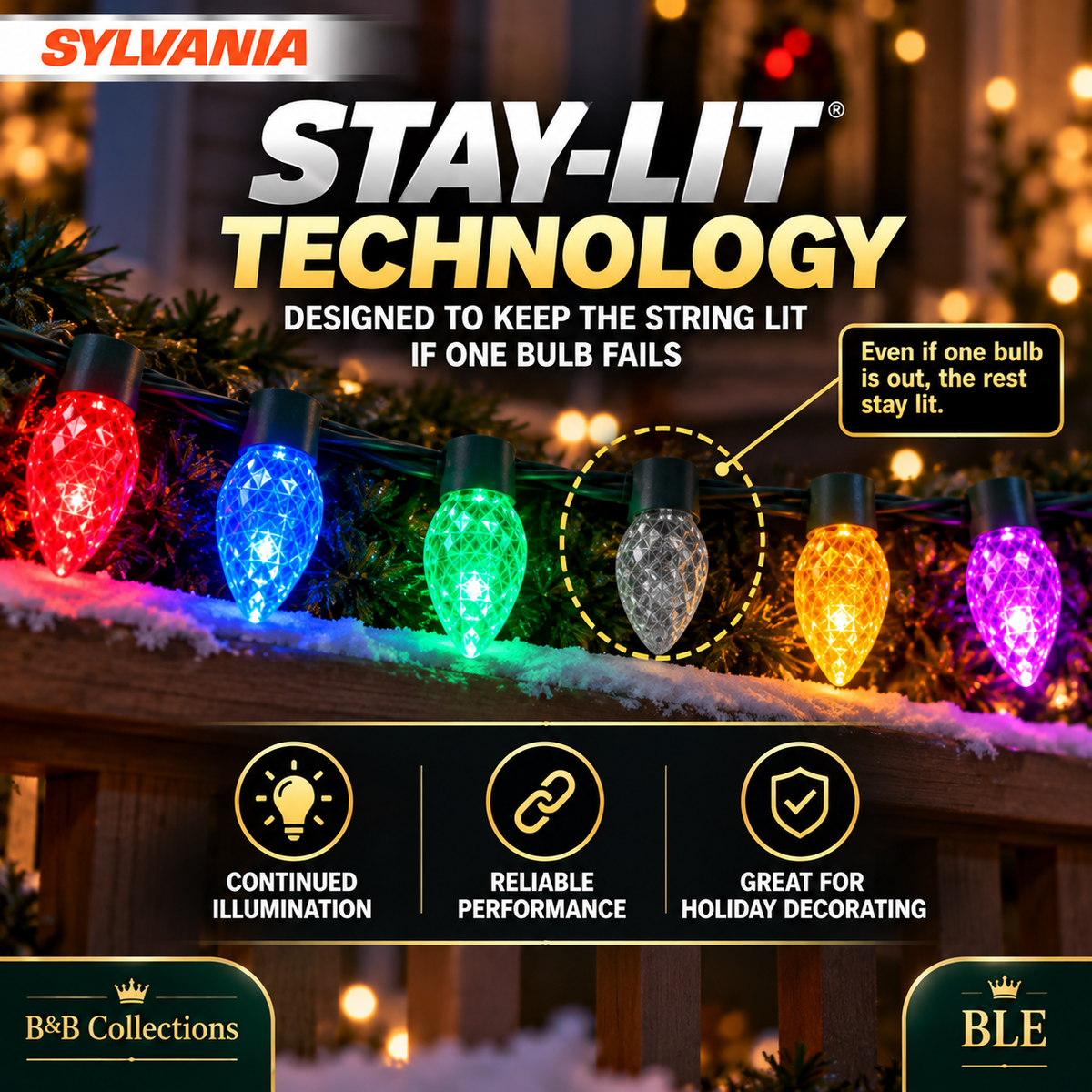 Sylvania Stay-Lit C9 Faceted LED Christmas Lights, Multicolor, 100 Bulbs, 2 Sets of 50, Indoor/Outdoor Holiday String Lights