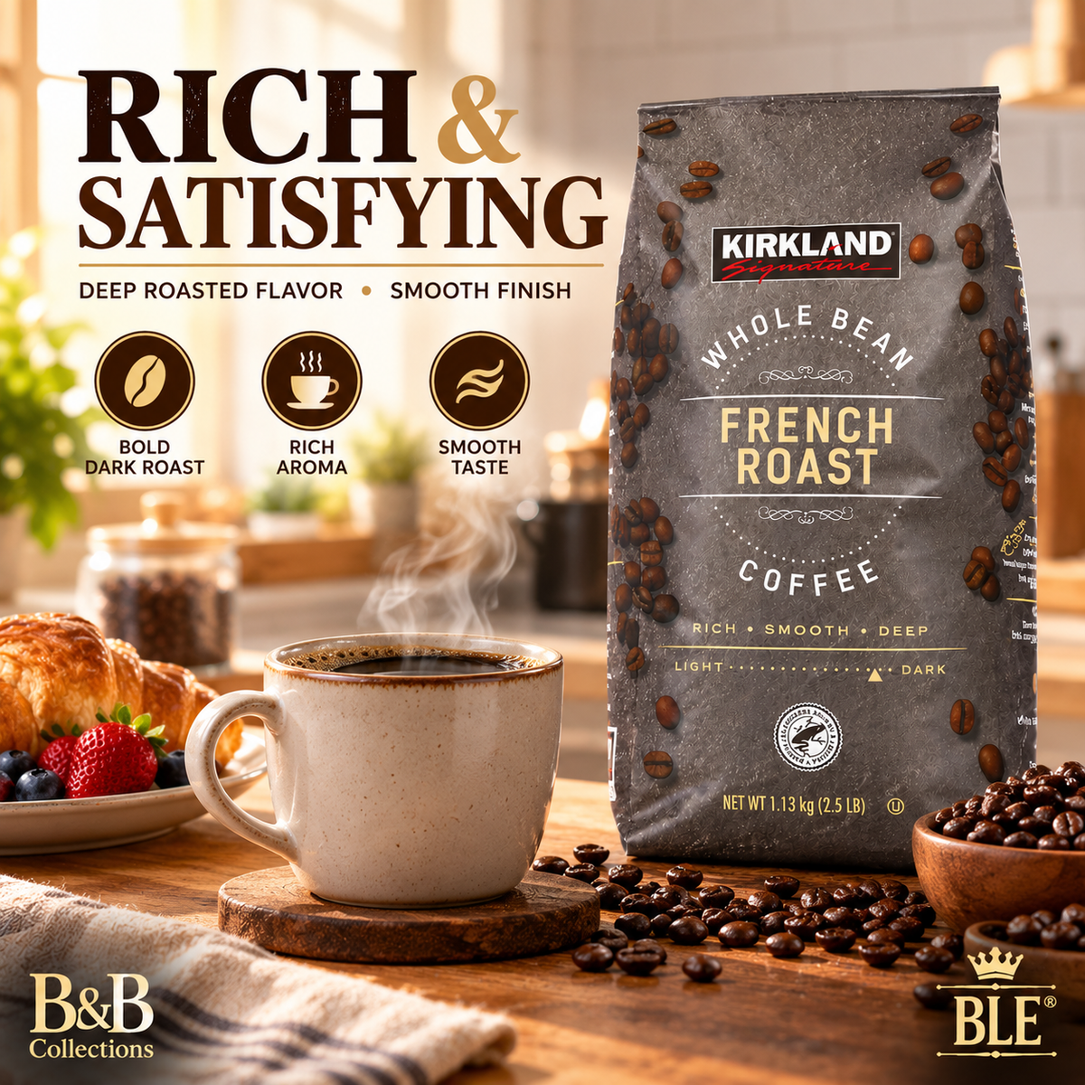 Kirkland Signature French Roast Whole Bean Coffee, Dark Roast, Rich & Smooth, 2.5 lb (40 oz)