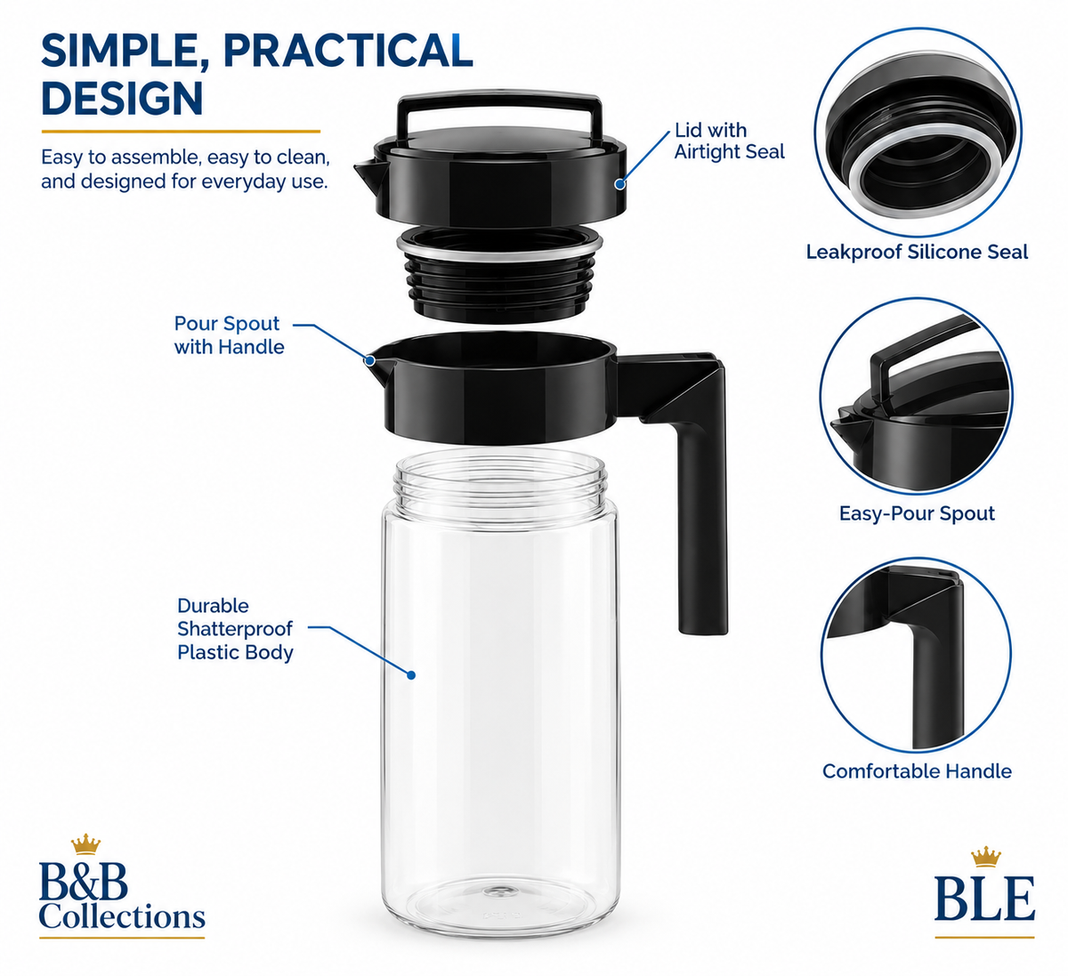 Takeya 2 QT Airtight Pitcher, Shatterproof Leakproof Beverage Container with Lid, Handle & Pour Spout, BPA-Free Plastic, 64 oz, 2 Pack