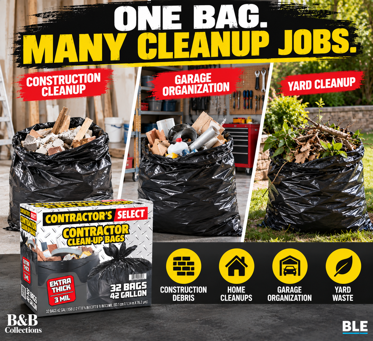 Contractor's Select Extra Thick Contractor Clean-Up Bags, 42 Gallon, 3 Mil Heavy-Duty Black Trash Bags, 32 Count