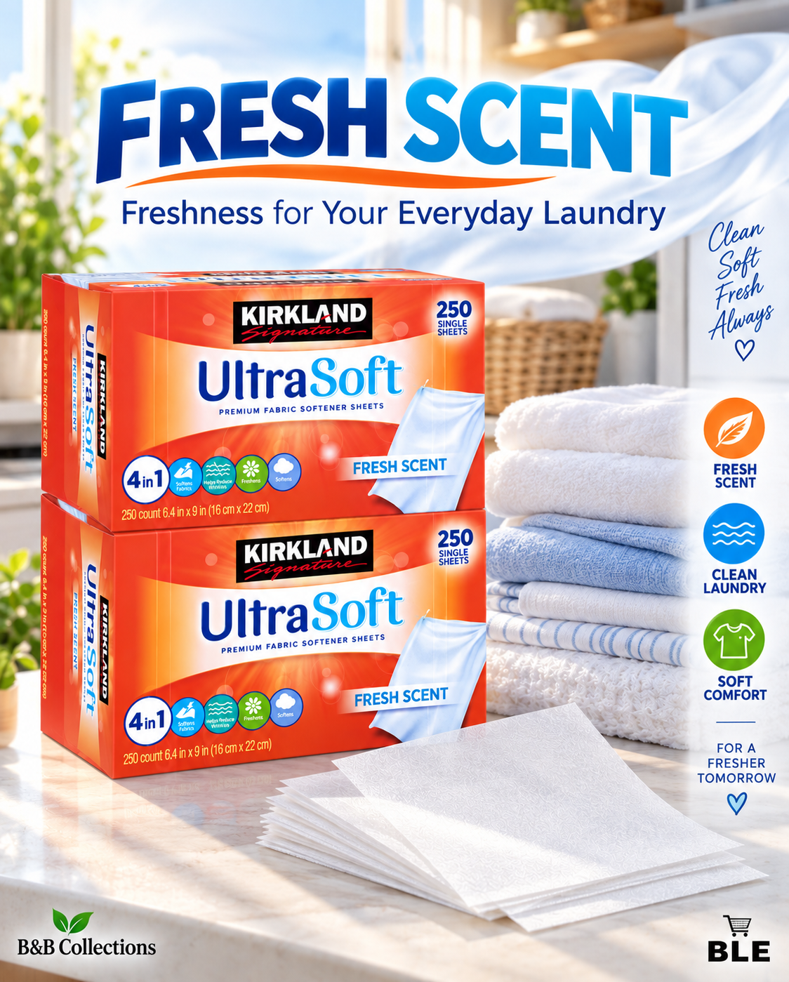 Kirkland Signature UltraSoft Premium Fabric Softener Sheets, Fresh Scent, 500 Count, 2 Packs of 250 Sheets
