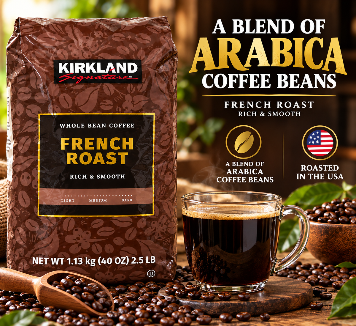 Kirkland Signature French Roast Whole Bean Coffee, Rich & Smooth Dark Roast Arabica Blend, 40 oz (2.5 lb / 1.13 kg)
