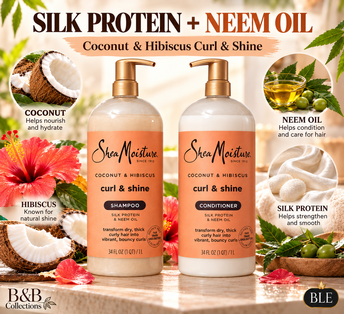 SheaMoisture Coconut & Hibiscus Curl & Shine Shampoo & Conditioner Set, Silk Protein & Neem Oil, 34 fl oz Each, 2 Count, 68 fl oz Total